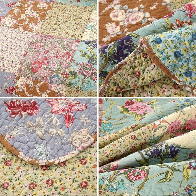 vctops Boho Patchwork Cotton Quilted Bedspread Quilt Set Queen Size 3 Pieces Soft Reversible Lightweight Coverlet Set Floral Print 1 Quilt and 2 Pillow Shams (Purple,Queen)