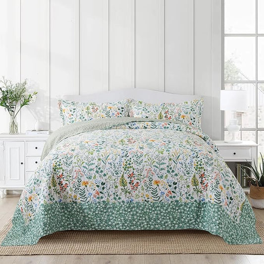 Cotton Bedspread Quilt Sets-Reversible Patchwork Coverlet Set, Green Classic Floral Pattern, California King Size