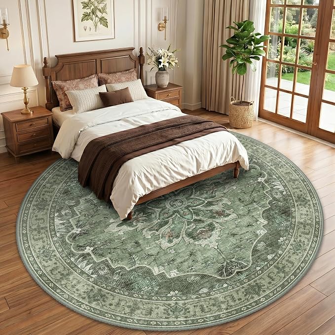 RELEANY Washable Area Rug, Round 10ft, Green/Dark Green/Gray | Non-Slip, Water Repellent, Pet Friendly, Easy to Clean, Vintage Floral Boho Decor for Living Room Bedroom Dining Room