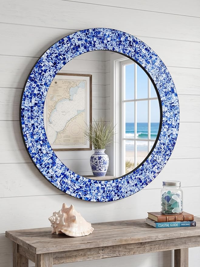 24" Round Mosaic Wall Mirror Sapphire Blue & Silver Glass Tile Frame Handmade Decorative Accent Mirror for Living Room Bathroom Bedroom Entryway Boho Modern Wall Decor