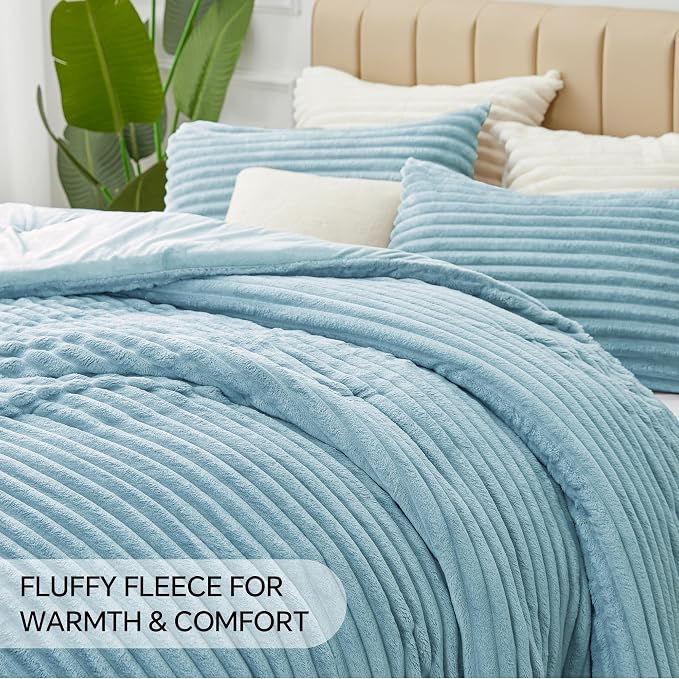 BEDELITE Fleece King Comforter Set, Fluffy Bed Set, Light Blue | Super Soft & Warm Bedding, Luxury Fuzzy Faux Fur Comforter for Winter, Heavy Plush Bedding, with 2 Pillowcases