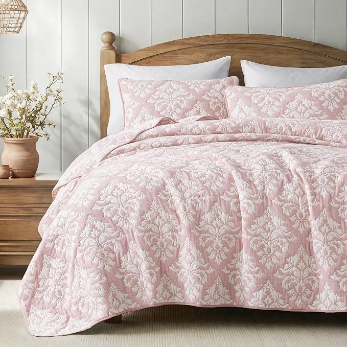 Exclusivo Mezcla Cotton Quilts Twin Size Pink | Soft Lightweight Bedspread, Breathable Prewashed Yarn Dyed Muslin, All Season Bedding Set, Boho Coverlet With 1 Pillow Sham