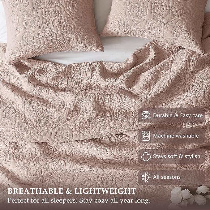 WDCOZY 100% Cotton Queen Size Quilt Bedding Sets Floral Rosette Pink | Pre-Washed Thin Farmhouse Bedspread, 90"x96" Comforter + 2 Shams 20"x26", Lightweight Coverlet, All-Season, Machine Washable