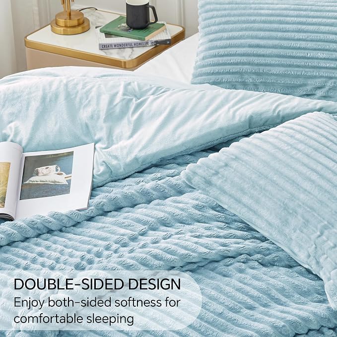 BEDELITE Fleece Queen Comforter Set, Fluffy Bed Set, Light Blue | Super Soft & Warm Bedding, Luxury Fuzzy Faux Fur Comforter for Winter, Heavy Plush Bedding, with 2 Pillowcases