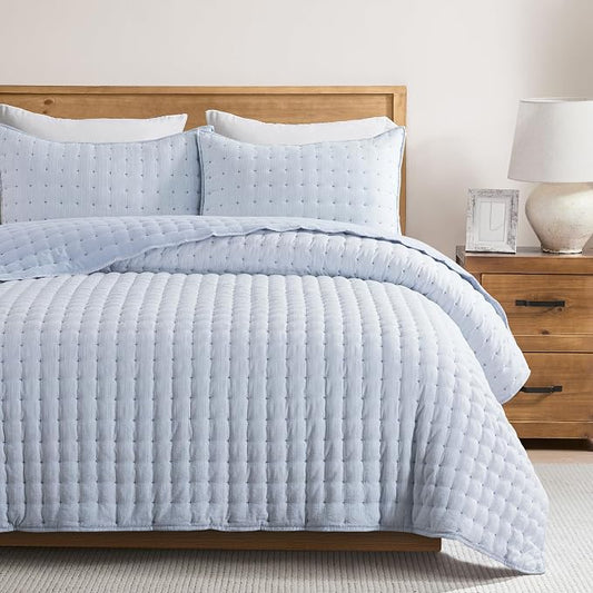 WDCOZY Blue Cloud Quilt Set King Size, Lightweight Soft Cross Stitch Bedspread, Textured Like Linen, Farmhouse Rustic Country Coverlet, Spring Summer Thin Comforter, 3 Pieces, 104x90 inches