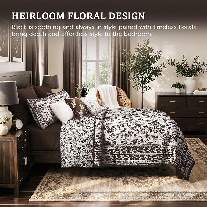 FLYMME Brown and White Vintage Floral Quilt Set Full/Queen Size, 3-Piece Classic Reversible Bedspread Coverlet with 2 Pillow Shams, Lightweight Botanical Bedding Set for All Season