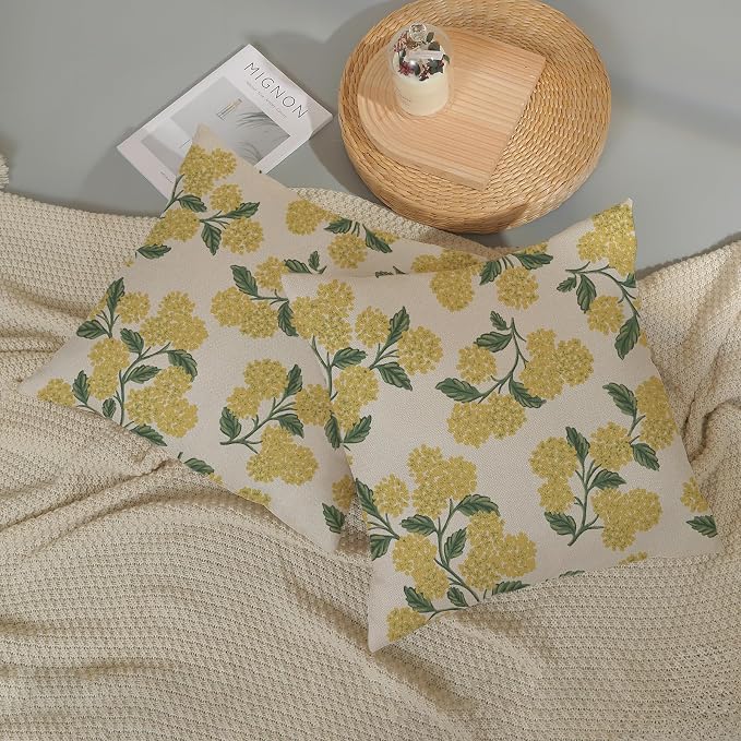 Mustard Yellow Outdoor Pillow Covers 24x24 Inch 2 Pcs Green Hydrangea Flower Decor Throw Pillows Spring Summer Seasonal Vintage Floral Decoration Pillowcase Linen Cushion Cover for Couch Sofa