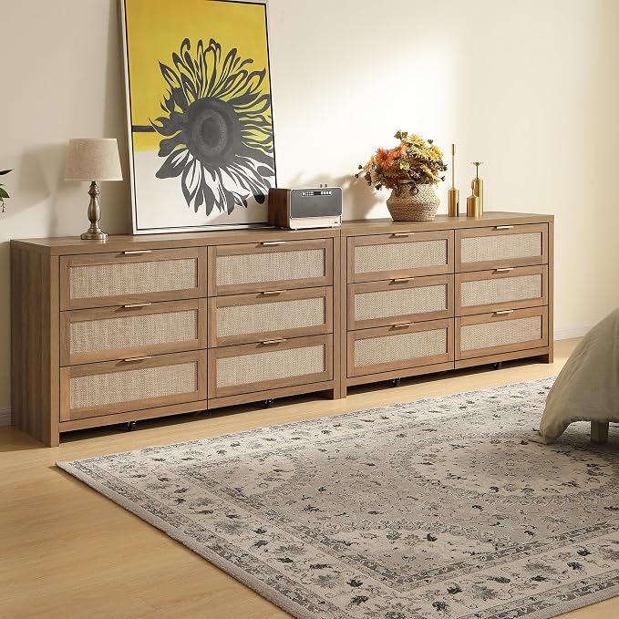 SICOTAS Rattan Dressers for Bedroom Set 2, Large 6 Drawer Dresser | Long Chest of Drawers, Dresser Farmhouse TV Stand for Bedroom, Living Room, Nursery, Closet, Reclaimed Caramel Oak, 2 Pieces