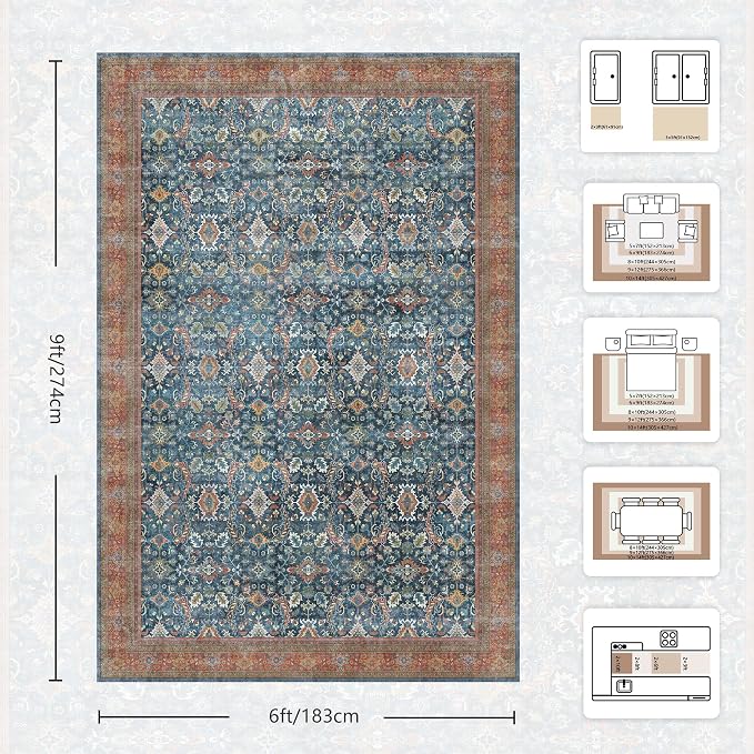 6x9 Area Rugs - Washable Vintage Retro Living Room Rug, Soft Ultra Thin Non Slip Low Pile Traditional Distressed Boho Carpet for Bedroom Dining Room Nursery Home Office, Navy Rust