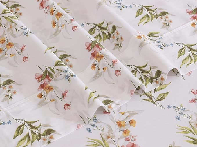 RUVANTI 100% Cotton Percale Sheets Full Size, Floral Bliss | Crisp Cooling, Deep Pocket 16", Soft Breathable & Durable, Hotel-Style, 4 Piece Set