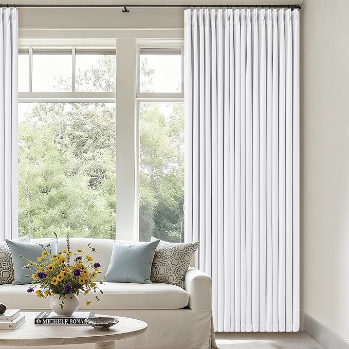 TWODRAPES Snow White Pleated Linen 100% Blackout Curtains 102 Inches Long | Pinch Pleat Back Tab, Linen Drapes with Liner, Black Out Thermal Insulated, Energy Saving Curtain for Living Room Bedroom