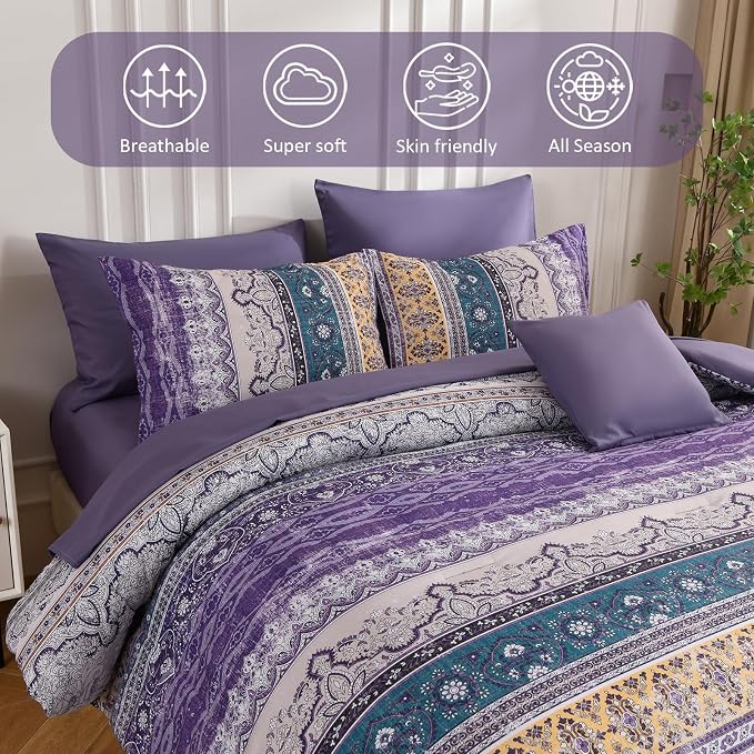 Cottolester Boho Queen Comforter Set 8 Pieces, Violet Bohemian Striped Bed in a Bag, Paisley Soft Microfiber Bedding Comforter Set