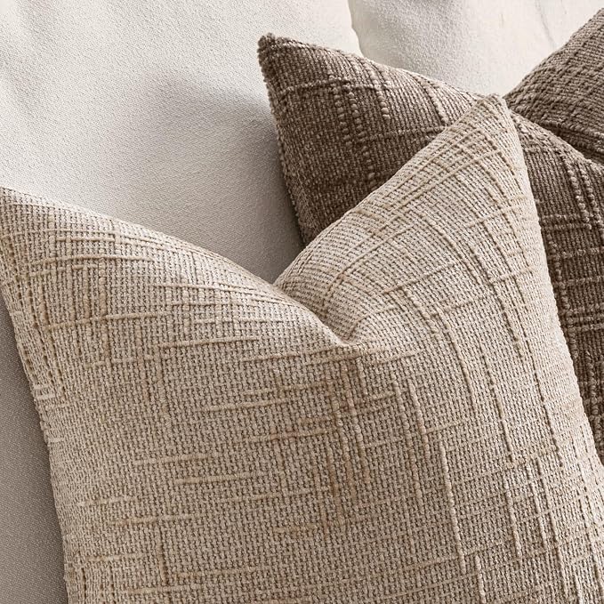 MIULEE Chenille Textured Throw Pillow Covers Oatmeal 18x18 Set of 2 | Slubby Decorative Pillows, Boho Farmhouse Home Decor, Modern Neutral Cushion Covers for Couch Sofa Bed Living Room