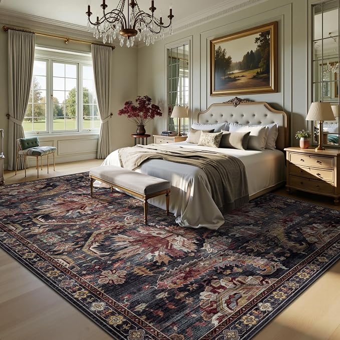 8x10 Area Rugs, Vintage Retro Soft Washable Rug, Non-Slip Low Pile Rugs for Living Room, Bedroom, Dining Room, Stain Resistant Home Decor Rug (Retro Red)