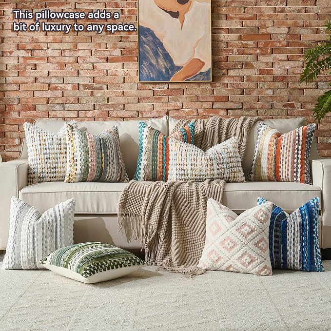 AmHoo Set of 2 Boho Chenille Pillow Cover Decorative Tufted Pillowcase for Couch Bed Sofa Bedroom Living Room Modern 20 x 20-Inch Brown White