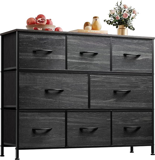 WLIVE 8 Drawer Dresser for Bedroom, Wide Chest of Drawers, Black Wood Grain | 8 roomy fabric drawers, Large storage design, Bedroom or living room, Sturdy steel frame, Smooth wood tabletop