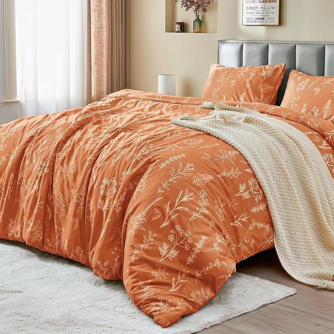 MUXHOMO Duvet Cover Full Size, Reversible Floral Caramel Duvet Cover Set with Zipper Closure, 3 Pieces Botanical Patterns Soft Microfiber Bedding Set with 4 Ties (80"x90", 2 Pillow Cases)