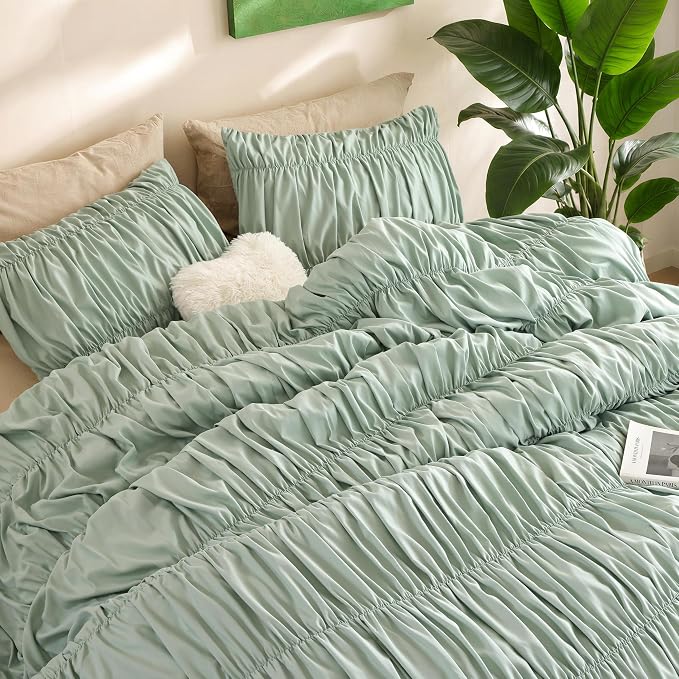 weigelia Sage Green Ruched Comforter Set King Size, Cute Bedding Set | All Season, Soft Microfiber Comforter, Cozy Cinched Design for Home & Bedroom Decor (1 Comforter,2 Pillowcases)