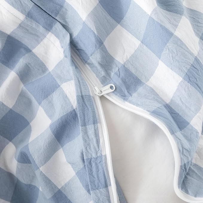 BESTOUCH Gingham Cotton Duvet Cover Set Cornflower Blue Twin | Washed Cotton, Linen Feel, Soft Wrinkle Texture, Hidden Zipper, 8 Ties, Breathable Lightweight Durable Comfy, 2 Pcs No Insert