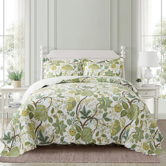 Cotton Bedspread Quilt Sets - Reversible Patchwork Coverlet Set, Floral Vine Pattern, Queen Size