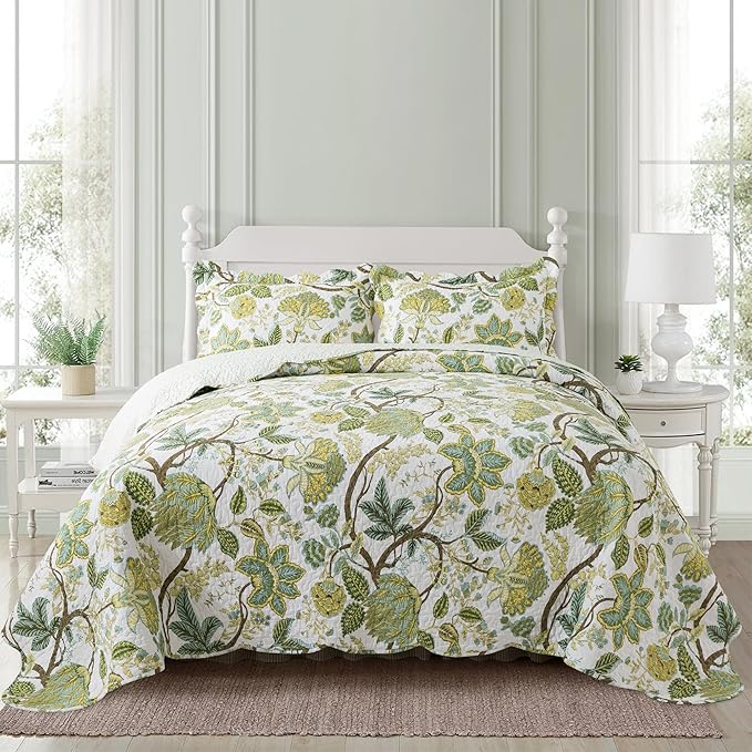 Cotton Bedspread Quilt Sets - Reversible Patchwork Coverlet Set, Floral Vine Pattern, King Size