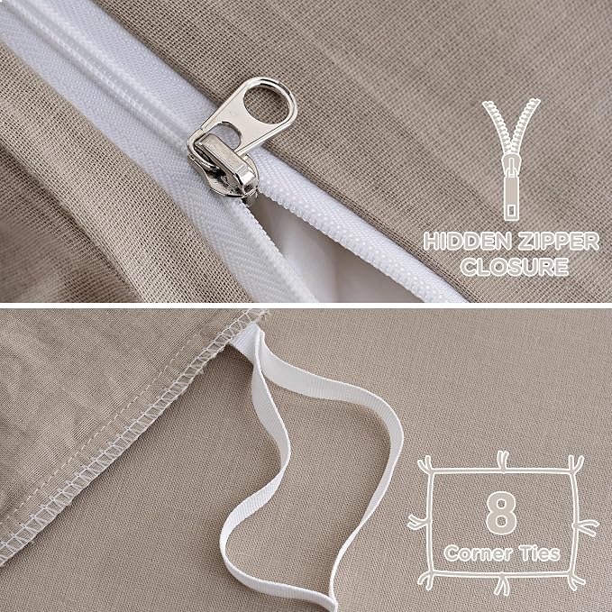 TOCOMOA 100% Muslin Cotton Duvet Cover Set, Taupe, Queen | Linen-Like Texture. Ultra Soft, Breathable, Comfy & Lightweight Fall Bedding Set with Zipper & 8 Ties. 3 Pcs, No Insert