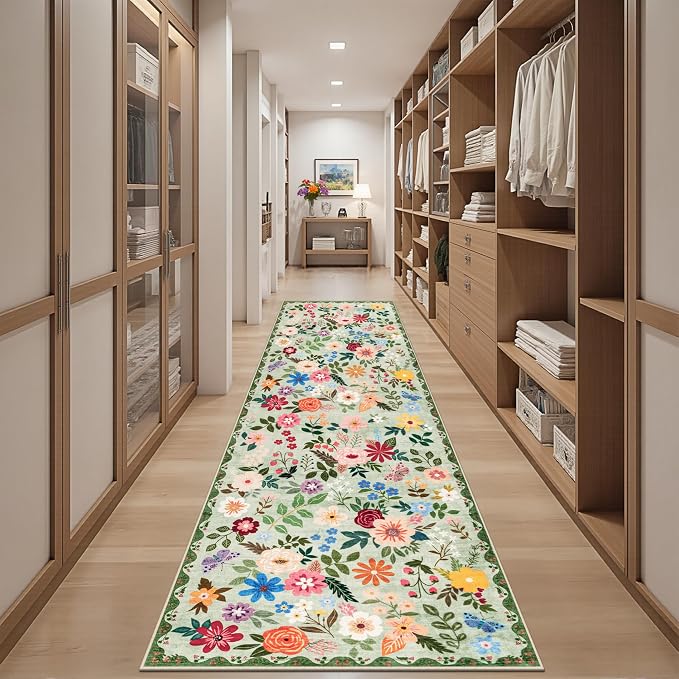 PLHXFR 2.6x10 Washable Runner Rug：Floral Indoor Kitchen Soft Carpet Green | For Hallway Bedroom Kitchen Laundry Bathroom Dorm,Vintage Floral,Machine washable,Non Slip,Stain Resistant,Indoor Floor