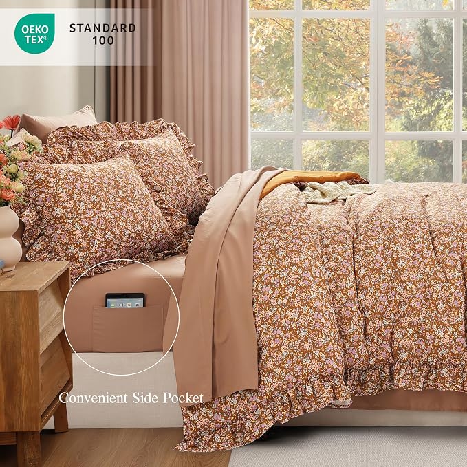Full Size Comforter Sets-7 Pieces Floral Ruffle Bedding Set | Brown Ditzy Bed in a Bag, Soft Lightweight All Season Farmhouse Full Size Bedding Sets with Sheets, Pillowcases & Shams