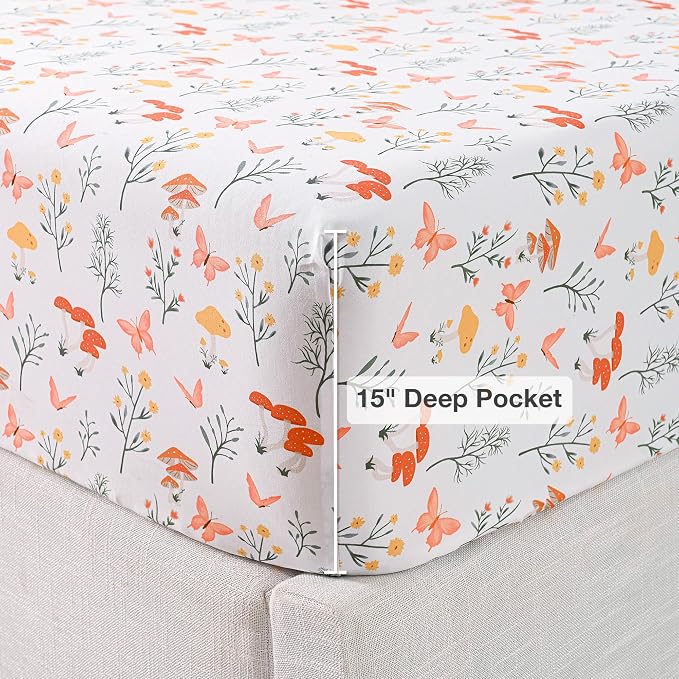 Viviland Mushroom Queen Sheet Set - 4 Piece Vintage Butterfly Flower Patterned Bed Sheets - Soft, Breathable Microfiber Floral Sheets with Deep Pocket, Non-Slip Fitted Sheets & Pillowcases