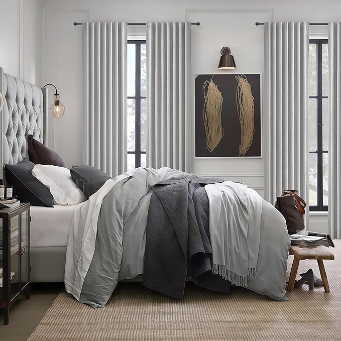 Gray 108 Inch Extra Long Blackout Curtains for Bedroom 2 Panels Set, Boho Room Darkening Pleated Flax Linen Blend Window Curtain 108 Inches Long with Hooks for Patio Sliding Door Decorative Burg