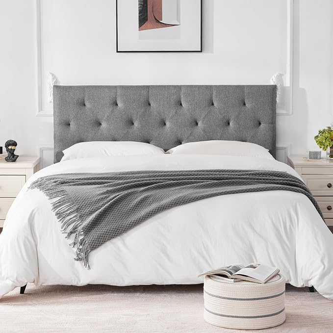 Linen Headboard Full Size, Adjustable Height Headboard 37-51 in, Light Gray | Diamond Tufting Solid Wood Full XL Headboards Only, Durable Metal Legs, Upholstered Full Head Board Bed Frame, Modern Fabric