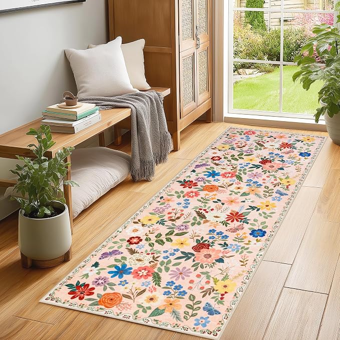 PLHXFR 2.6x8 Washable Runner Rug：Floral Indoor Kitchen Soft Carpet Beige | For Hallway Bedroom Kitchen Laundry Bathroom Dorm,Vintage Floral,Machine washable,Non Slip,Stain Resistant,Indoor Floor