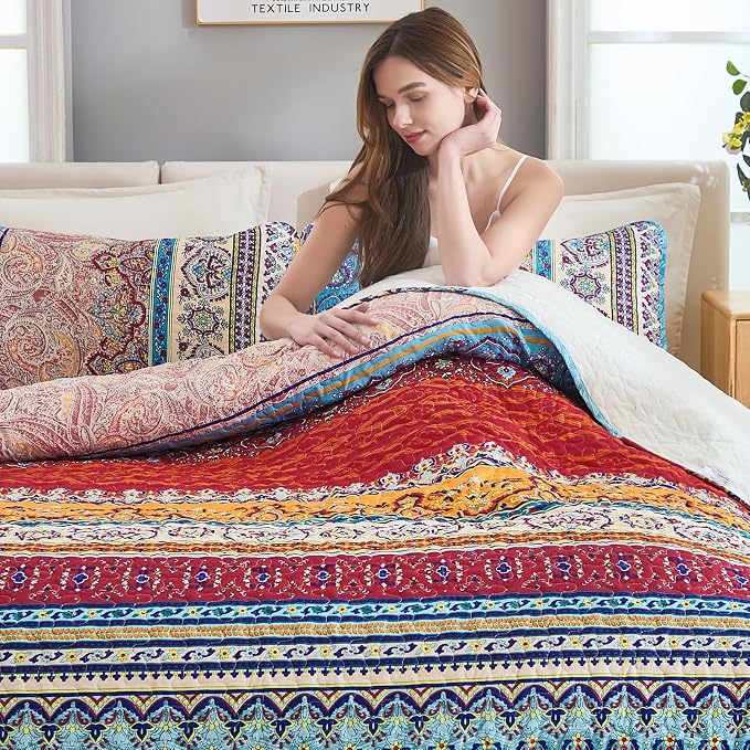 WONGS BEDDING Boho Quilt Queen Size,3 Pieces Blue Bedspread | Colorful Bohemian Striped Printed Bedding for All Season, Lightweight Microfiber Coverlet Set with 2 Pillowcases(96"x90")