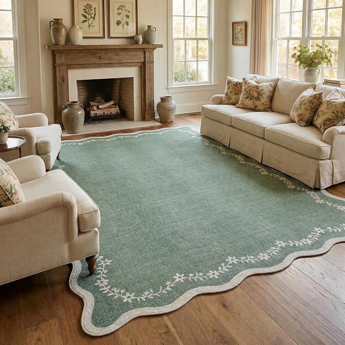 GarveeHome 5x7 Scalloped Area Rug Sage Green Washable Living Room Rug | Soft Floral Low Pile Non Slip Accent Floor Mat Solid Print Throw Rug Indoor Carpet for Bedroom Dining Room Dorm Playroom