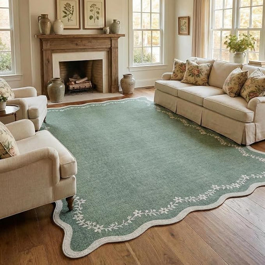 GarveeHome 5x7 Scalloped Area Rug Sage Green Washable Living Room Rug | Soft Floral Low Pile Non Slip Accent Floor Mat Solid Print Throw Rug Indoor Carpet for Bedroom Dining Room Dorm Playroom