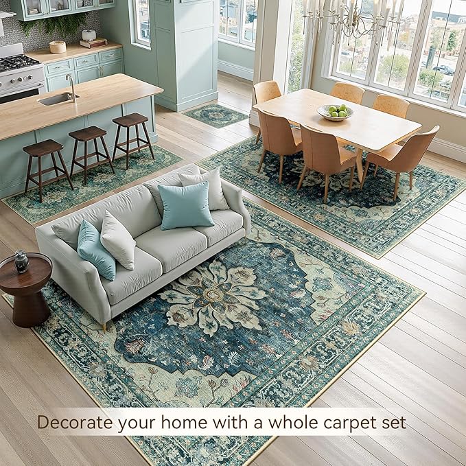 RELEANY Washable Area Rug, Large 9'x12', Blue/Vintage Dark Blue | Non-Slip, Water Repellent, Pet Friendly, Easy to Clean, Vintage Floral Boho Decor for Living Room Bedroom Dining Room
