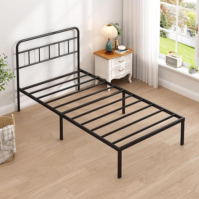 Twin Bed Frame with Classic Headboard, Black | Strong Metal Slats Support,Under Bed Storage Space,No Box Spring Needed,Easy to Assemble