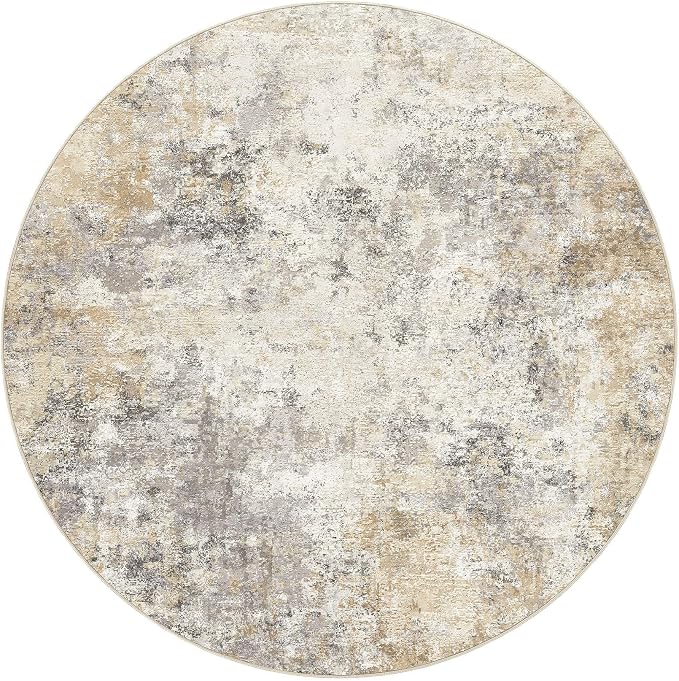 UERMEI 5ft Round Area Rug Living Room Rugs - 5x5 Washable Neutral Modern Abstract Soft Thin Rug Indoor Floor No Slip Rug Carpet for Bedroom Under Dining Table Home Office Decor - Golden Grey