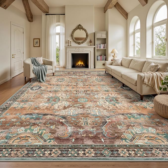 8x10 Area Rugs, Vintage Retro Soft Washable Rug, Non-Slip Low Pile Rugs for Living Room, Bedroom, Dining Room, Stain Resistant Home Decor Rug (Vintage Orange/Brick)