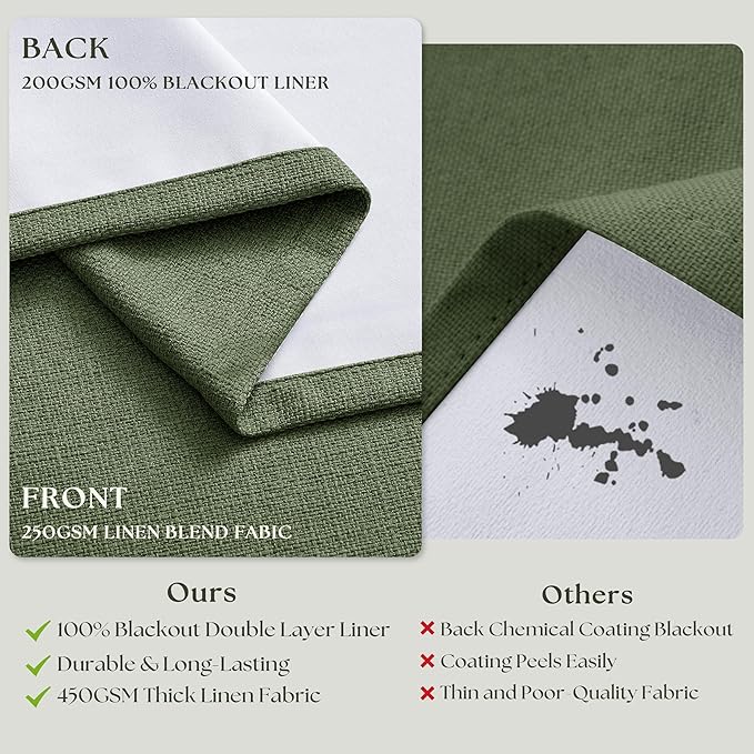 108 Inch Olive Green Linen Pinch Pleated Blackout Curtains Dual Layer | 100% Black Out, Pinch Pleat with Hooks Rings, Thick Linen Textured, Memory Trained, Bedroom Living Room Window Curtains
