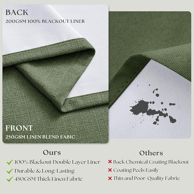 105 Inch Olive Green Linen Pinch Pleated Blackout Curtains with Liner | 100% Black Out, Pinch Pleat with Hooks Rings, Thick Linen Textured, Light Blocking, Bedroom Living Room Window Curtains