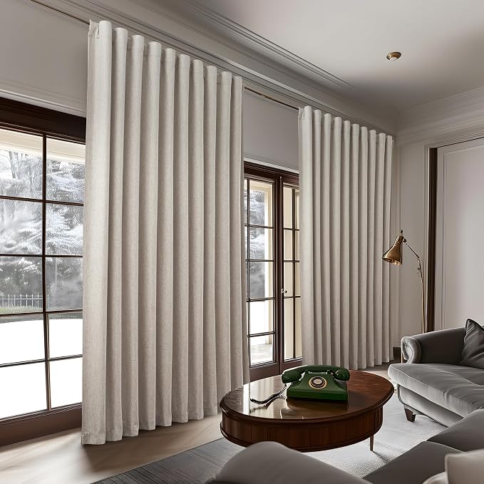 Extra Wide 70 Inch Length Blackout Curtains & Drapes 92 Inches Long 2 Panels Set for Sliding Glass Doors,Modern Pleated Linen Blend Heavy Floor to Ceiling Large Window Drapes(70"Wx92"Lx 2 Natural)