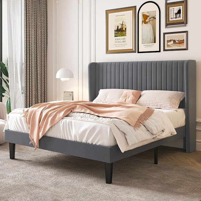 SHA CERLIN Full Size Velvet Bed Frame, Tufted Wingback Headboard, Grey | 47'' Modern Vertical Channel Headboard, Upholstered Platform Bed, Wood Slats, No Box Spring Needed, Easy Assembly, Noise Free