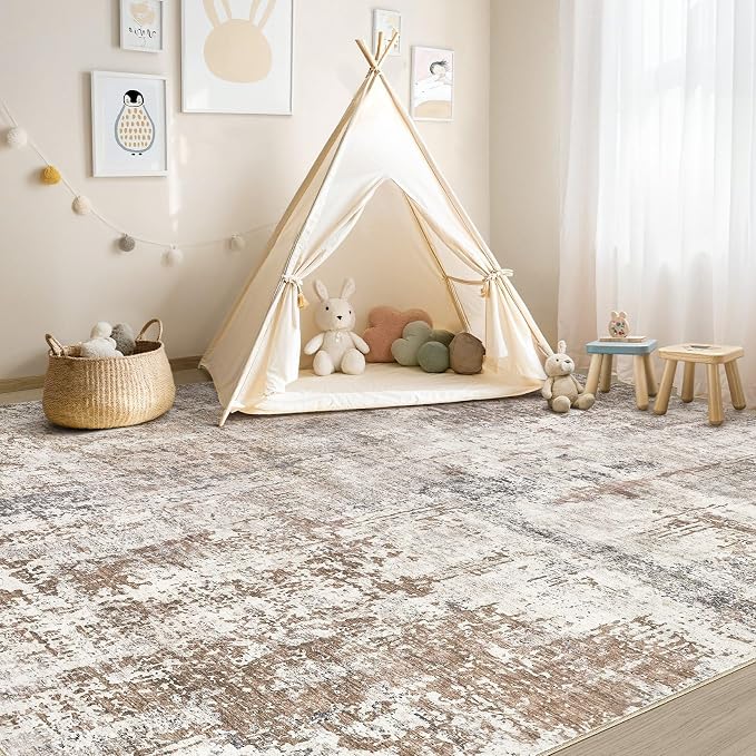 UERMEI 8x10 Washable Area Rug - Neutral Modern Abstract Living Room Rugs, Non-Slip Soft Large Indoor Floor Carpet for Bedroom Home Office & Under Dining Table Decor, Brown/Grey/Red