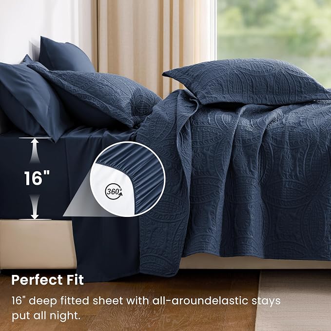 Love's cabin King Quilt Set Navy, Bed in a Bag King Size Bedding 7 Pieces, Ultrasonic Embossed Coin Pattern Comforter, Lightweight Bedspreads for All Seasons Quilt with Sheets, Pillowcases & Shams