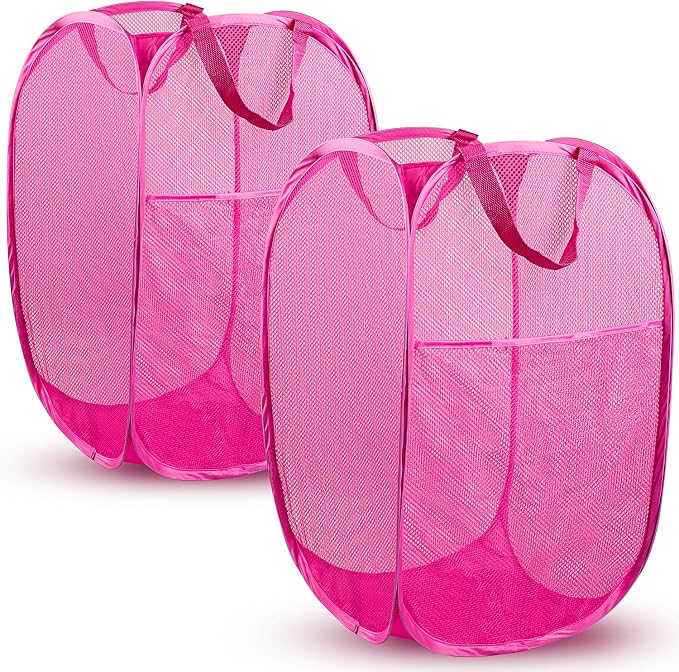 2 Pack Pop Up Laundry Hampers, 70 L Collapsible Foldable Mesh Basket, Pink | Reinforced handles, breathable fabric, foldable, portable for dorm college travel camping cruise, dirty clothes, toys storage