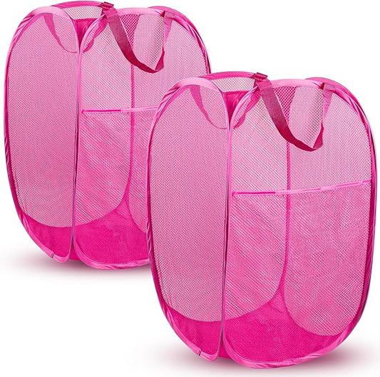 2 Pack Pop Up Laundry Hampers, 70 L Collapsible Foldable Mesh Basket, Pink | Reinforced handles, breathable fabric, foldable, portable for dorm college travel camping cruise, dirty clothes, toys storage