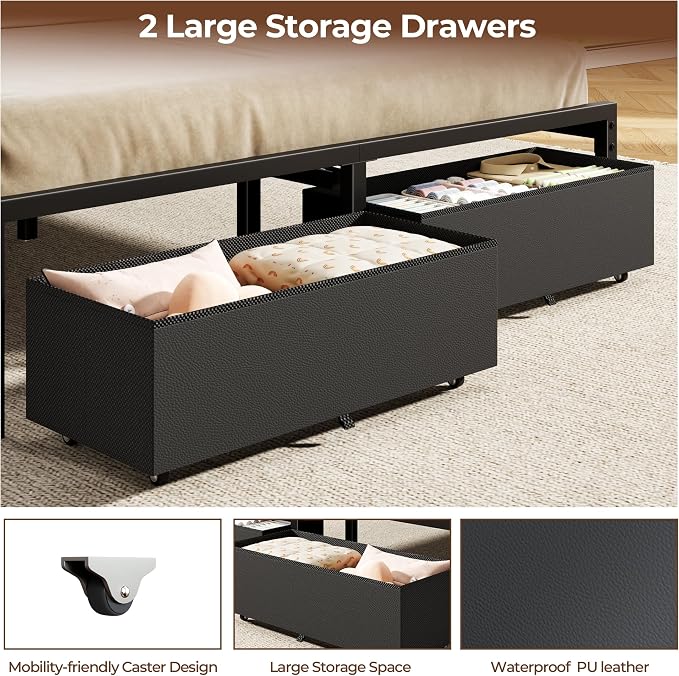 Full Size Bed Frame with PU Upholstered Headboard and 2 Drawers | Metal Platform Bed with Charging Station, LED Light and Fabric Storage Drawers, Noise Free, No Box Spring Needed, Black