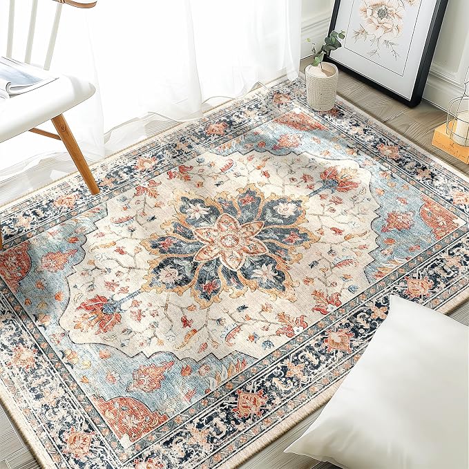 RELEANY Washable Area Rug, 3'x5', Beige/Blue/Orange | Non-Slip, Water Repellent, Pet Friendly, Easy to Clean, Vintage Floral Boho Decor for Living Room Bedroom Beside Kitchen