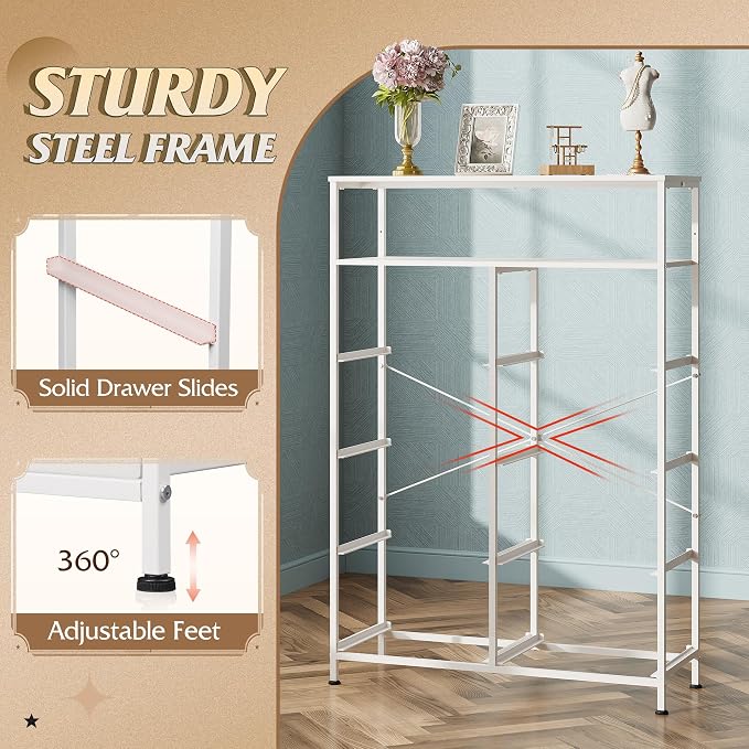 WLIVE 8 Drawer White Fabric Dresser Open Shelves,Tall Storage Tower | White 8-drawer fabric dresser with open shelves, great baby dresser for nursery kids bedroom closet toddler storage